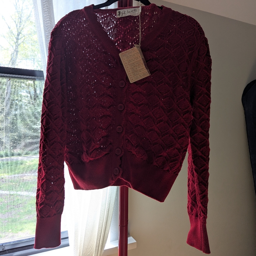Crimson Red Palava Crochet Organic Cardigan NWT Size Large